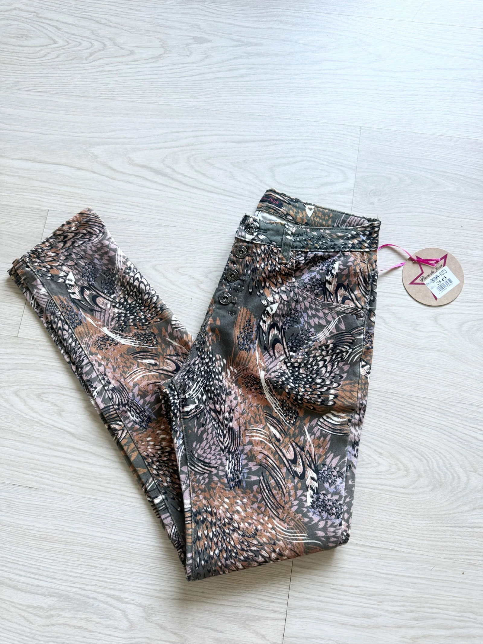 Jean slim taille haute kaki & multicolore place du jour taille 36 S - neuf avec étiquette
